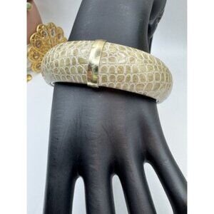 Vintage West Germany Faux Leather Bangle Bracelet Yellow And Golden Accents